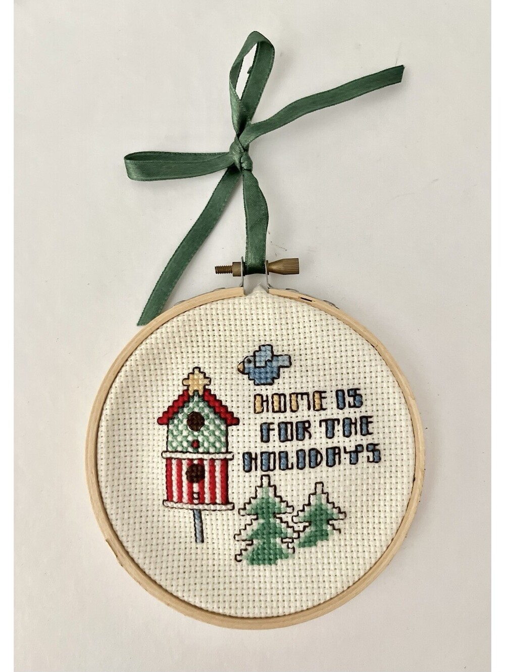 Vintage Handmade Cross Stitch Home Is For The Holidays Ornament Wall Hanging